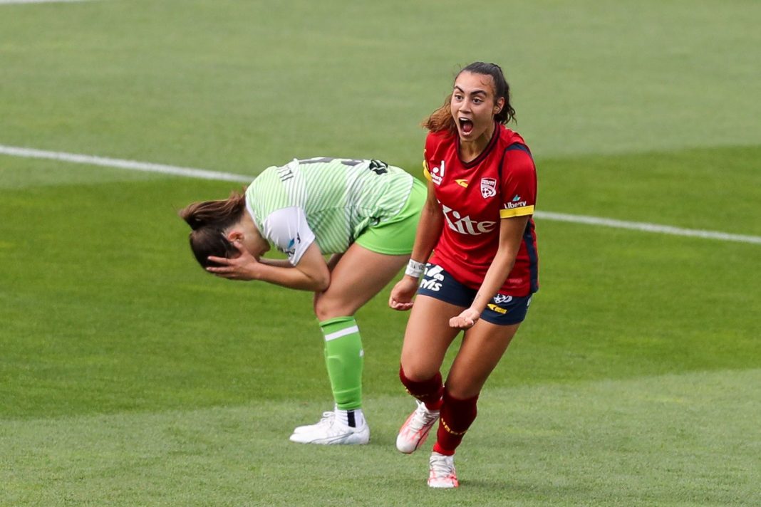 Emilia Murray of Adelaide United celebrates a goal during the A-League Women Round 1 soccer match between Adelaide United and Canberra United at Coopers Stadium in Adelaide, Sunday, October 15, 2023
