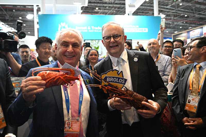 Australia’s Minister for Trade Don Farrell and Prime Minister Anthony Albanese visits the Australian stalls at China International Import Expo in Shanghai, China, Sunday, November 5, 2023.