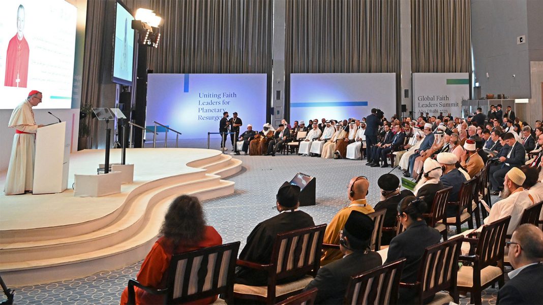 Cardinal Pietro Parolin addresses the Global Faith Leaders Summit, Tuesday, Nov. 7, 2023, in Abu Dhabi. (Photo courtesy Muslim Council of Elders)