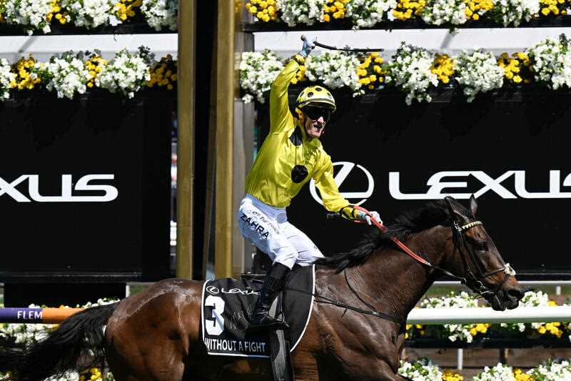 Mark Zahra crosses the line on Without A Fight to win the 163rd Melbourne Cup. (James Ross/AAP PHOTOS)