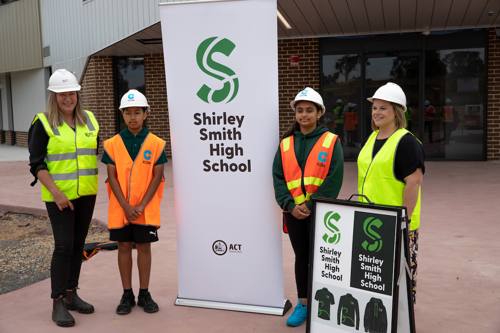 Yvette Berry, ACT Minister for Education (left); Rebecca Pearce, first principal of Shirley Smith High School; and future students. Photo: ACT Government