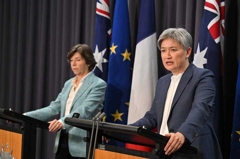 France’s Minister for Europe and Foreign Affairs, Catherine Colonna and Australia’s Minister for Foreign Affairs Penny Wong at a press conference at Parliament House in Canberra, Monday, December 4, 2023.