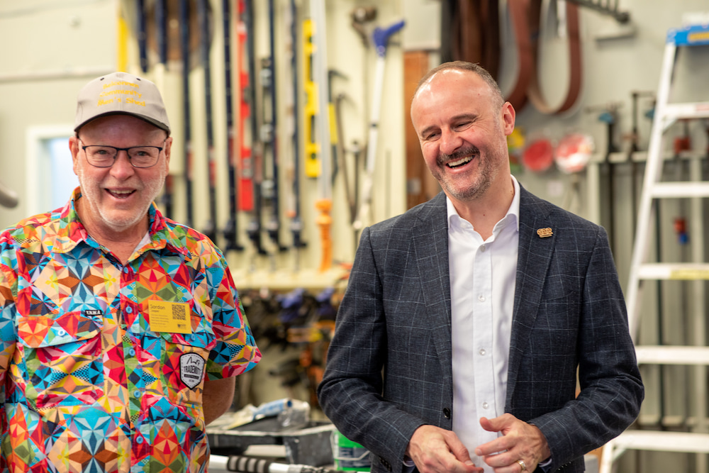 Gordon Cooper, Belconnen Men's Shed, and Chief Minister Andrew Barr. Photo supplied