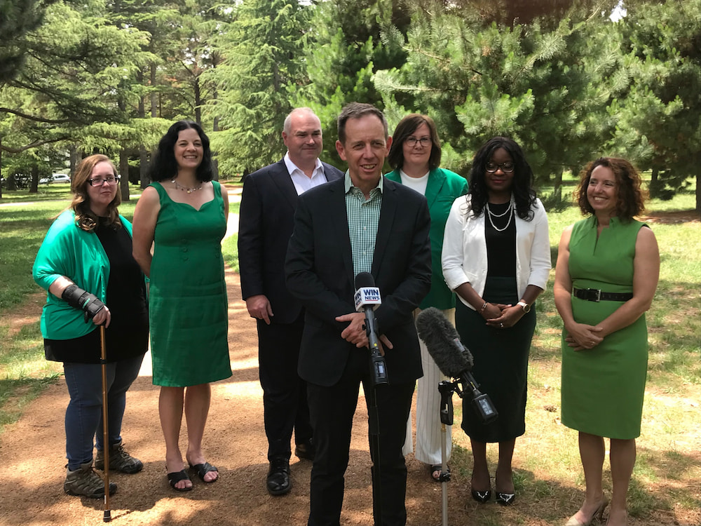 ACT Greens leader Shane Rattenbury with Sam Nugent, Jo Clay MLA, Andrew Braddock MLA, Adele Sinclair, Soelily Consen-Lynch, and Rebecca Vassarotti MLA. Photo: Nicholas Fuller