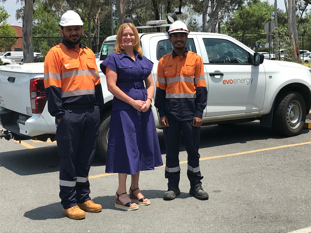 Bronwen Butterfield, Evoenergy Assistant Group Manager Customer Delivery (centre), with project engineers Mr Khan (left) and Mr Ahmaz (right). Photo: Nicholas Fuller