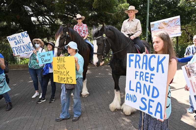 Protestors are seen during an anti-fracking protest in Brisbane, Wednesday, September 14, 2022.