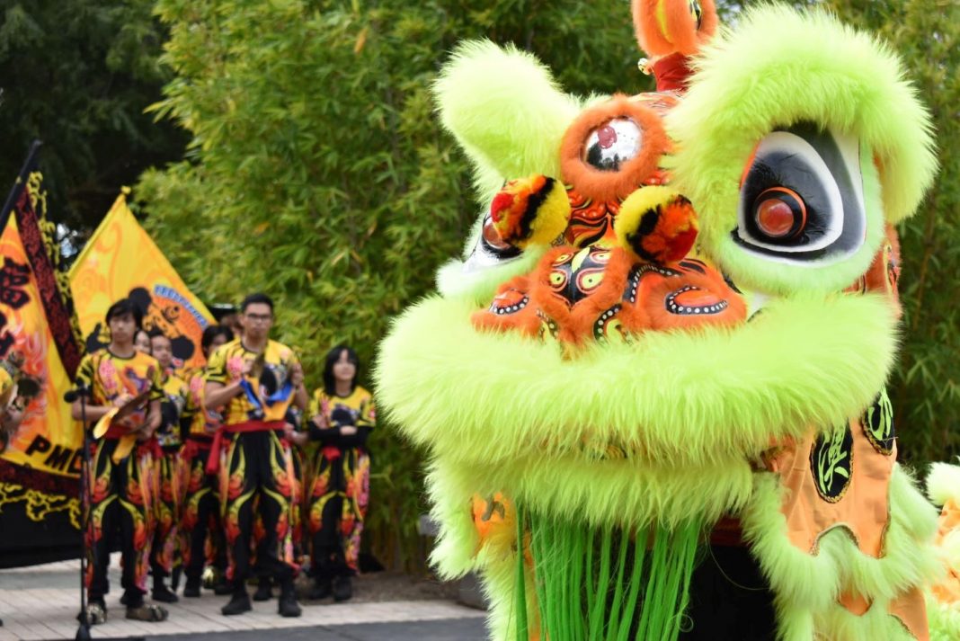 close up of Chinese lion dance with drummers in background