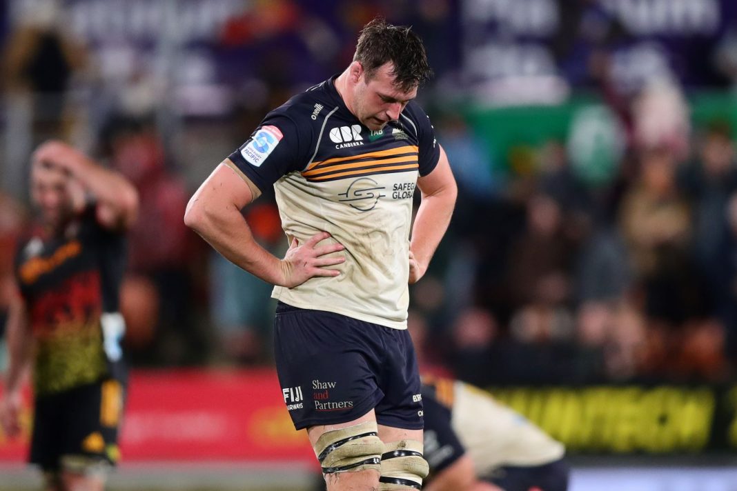 Nick Frost of the Brumbies is dejected after losing during the Super Rugby Pacific Semi-Final match between the Chiefs and the Brumbies at FMG Stadium in Hamilton, New Zealand, Saturday, June 17, 2023.
