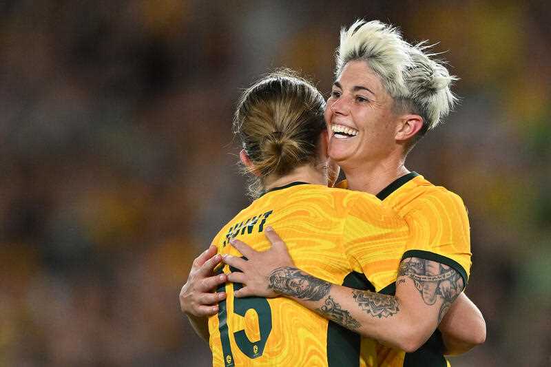 Michelle Heyman of the Matildas (right) reacts after kicking a goal during the 2024 AFC Women's Olympic Qualifying Tournament Round 3 match between Australia and Uzbekistan at Marvel Stadium in Melbourne, Wednesday, February 28, 2024