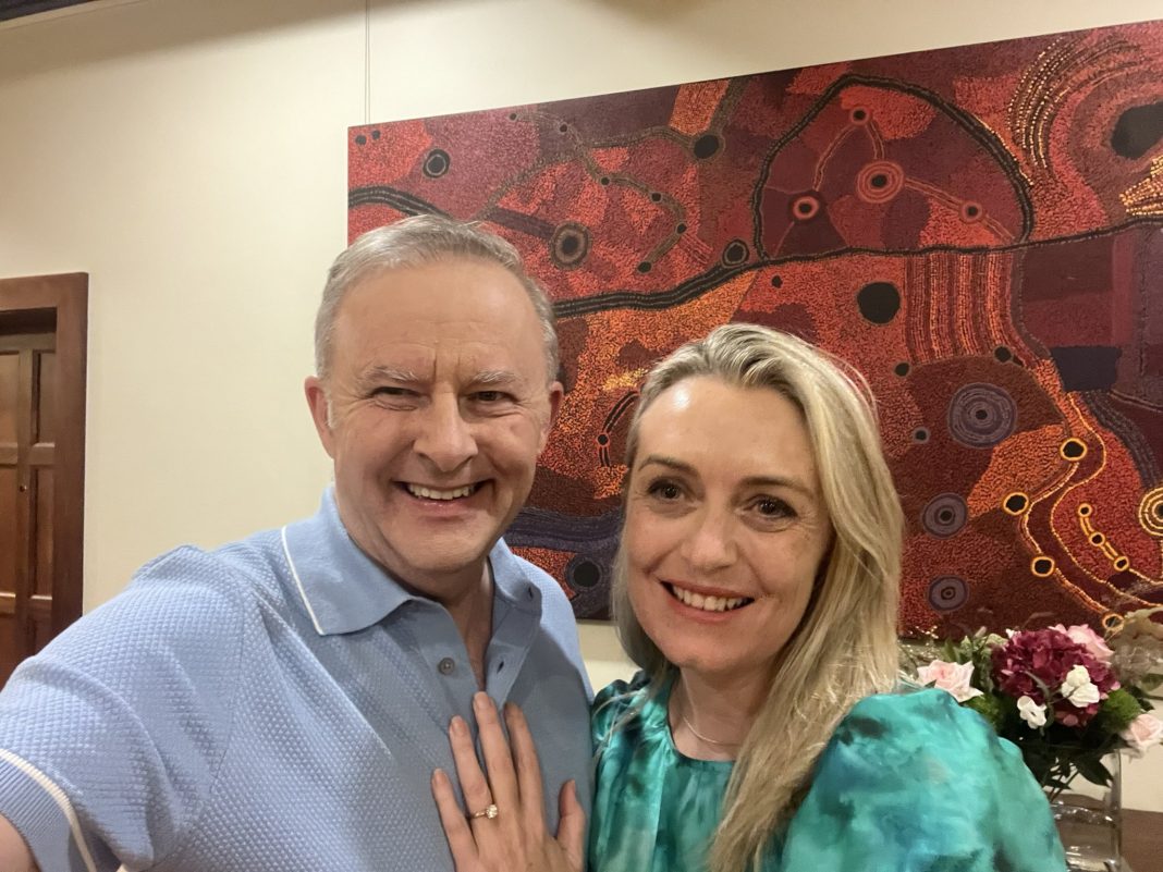 Prime Minister Anthony Albanese and his fiancée, Jodie Haydon. Photo: Twitter