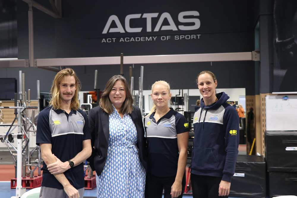 Yvette Berry, ACT Minister for Sport and Recreation, with athletes Sam Harding, Vanessa Low, and Bronte Campbell. Photo supplied