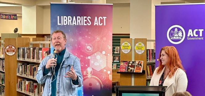 Award-winning author Chris Hammer and Tara Cheyne MLA. Photo: ACT Government