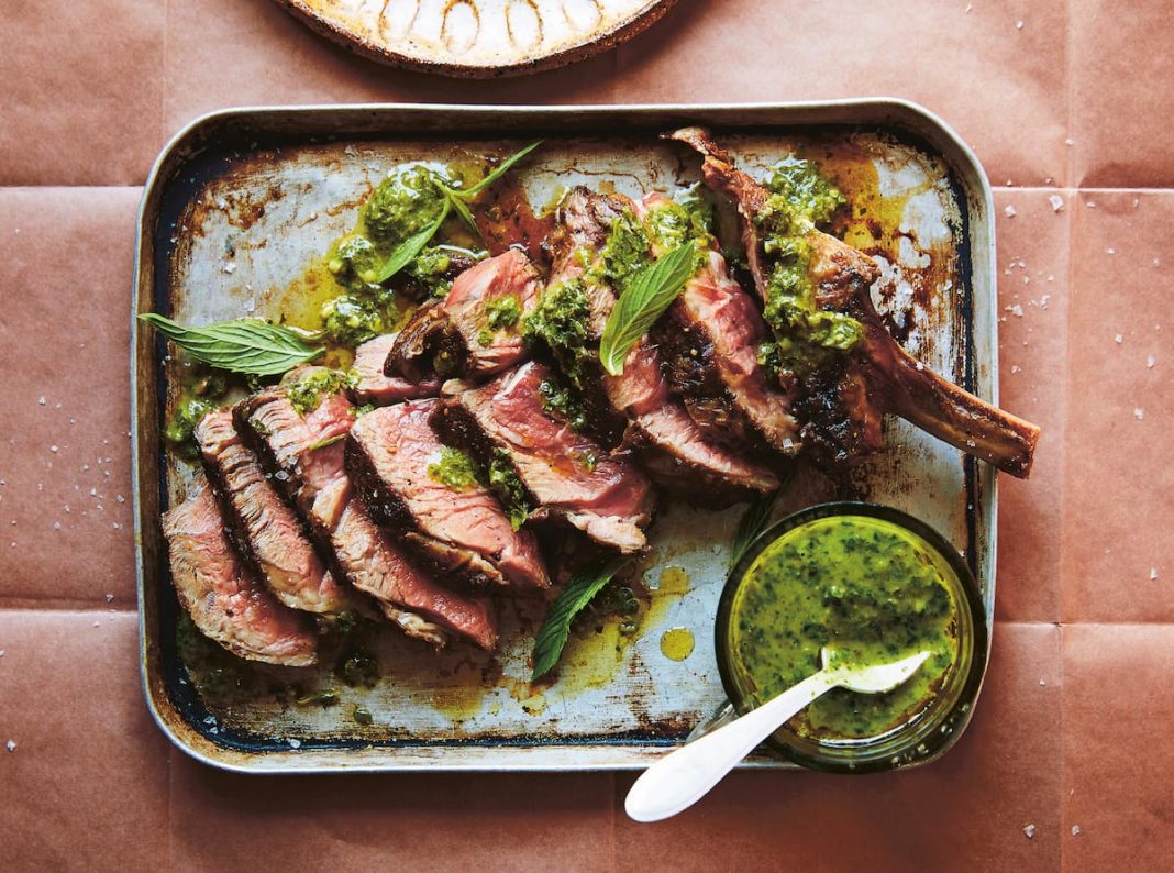 Mustard rubbed rib-eye steak with mint salsa verdi p. 112 (1)