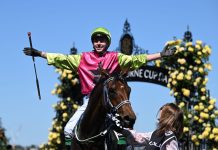 Jockey Robbie Dolan celebrates after riding Knights Choice to victory in the the 2024 Melbourne Cup at Flemington Racecourse in Melbourne, Tuesday, November 5, 2024. (AAP Image/James Ross)