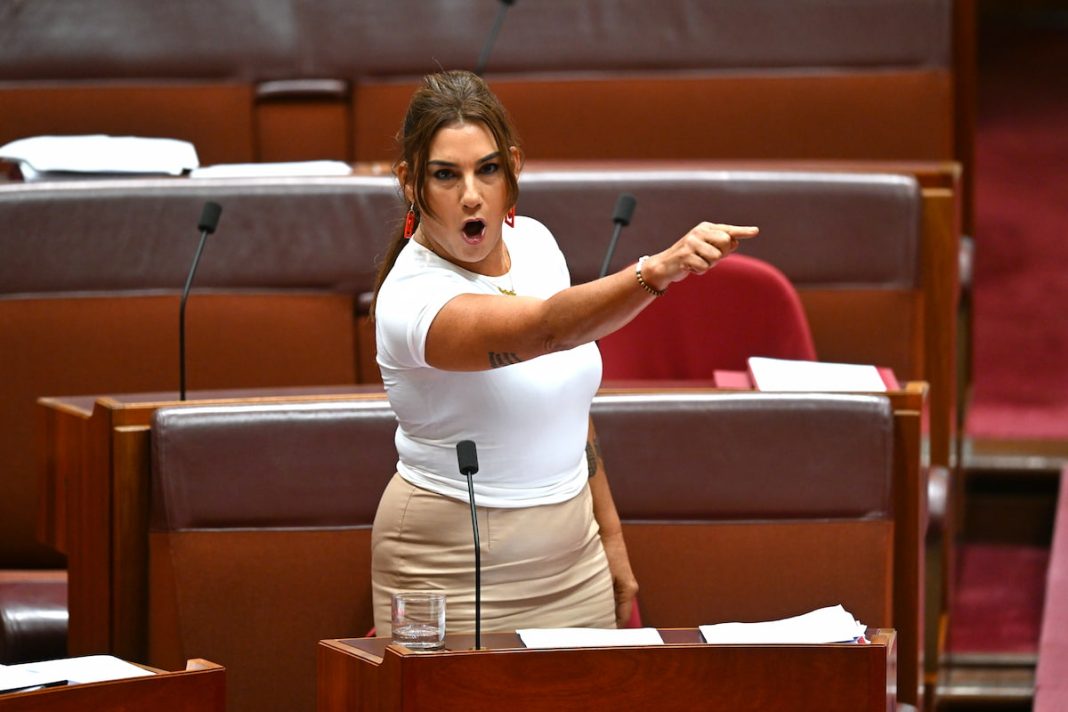 Lidia Thorpe has made her presence felt in the Senate, a day after being suspended. (Lukas Coch/AAP PHOTOS)