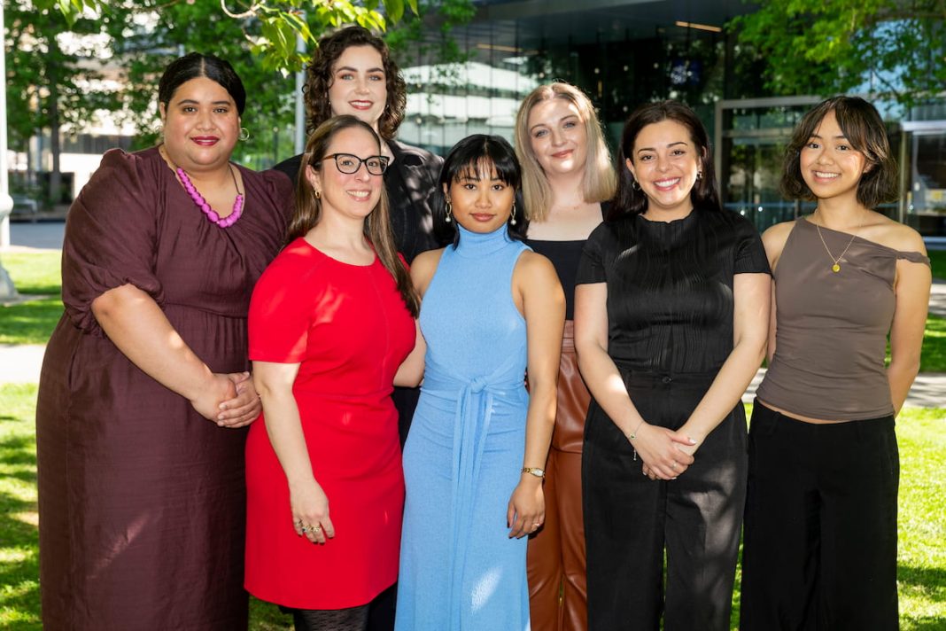 Back row (left to right): Meliame Toumoua, Laura Goodwin, Michaela Broughton. Front row: Vanessa Flowers, Chloe Tuazon, Nicole De Sosa, Talei Chang.