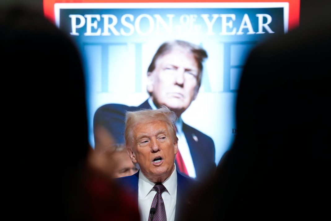 President-elect Donald Trump gives an address after being named Time magazine's Person of the Year. (AP PHOTO)