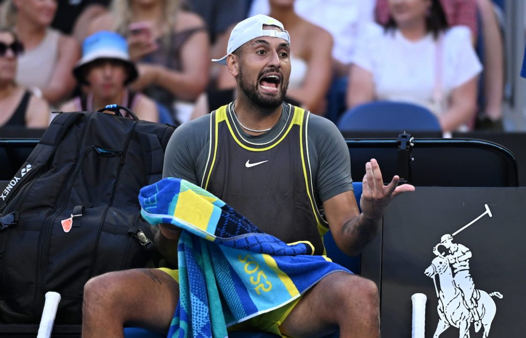 Injury-hit Nick Kyrgios has made an expletive-laden exit in the first round of the Australian Open. (James Ross/AAP PHOTOS)