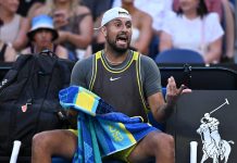 Injury-hit Nick Kyrgios has made an expletive-laden exit in the first round of the Australian Open. (James Ross/AAP PHOTOS)