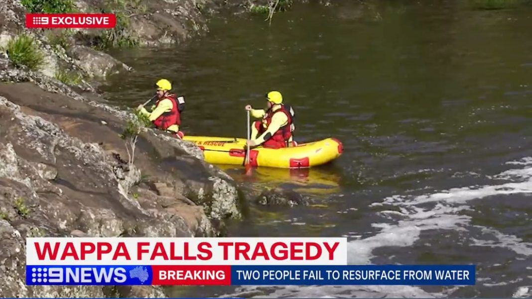 Two teens failed to resurface at a popular swimming spot that can be dangerous after heavy rain. (9News/AAP PHOTOS)