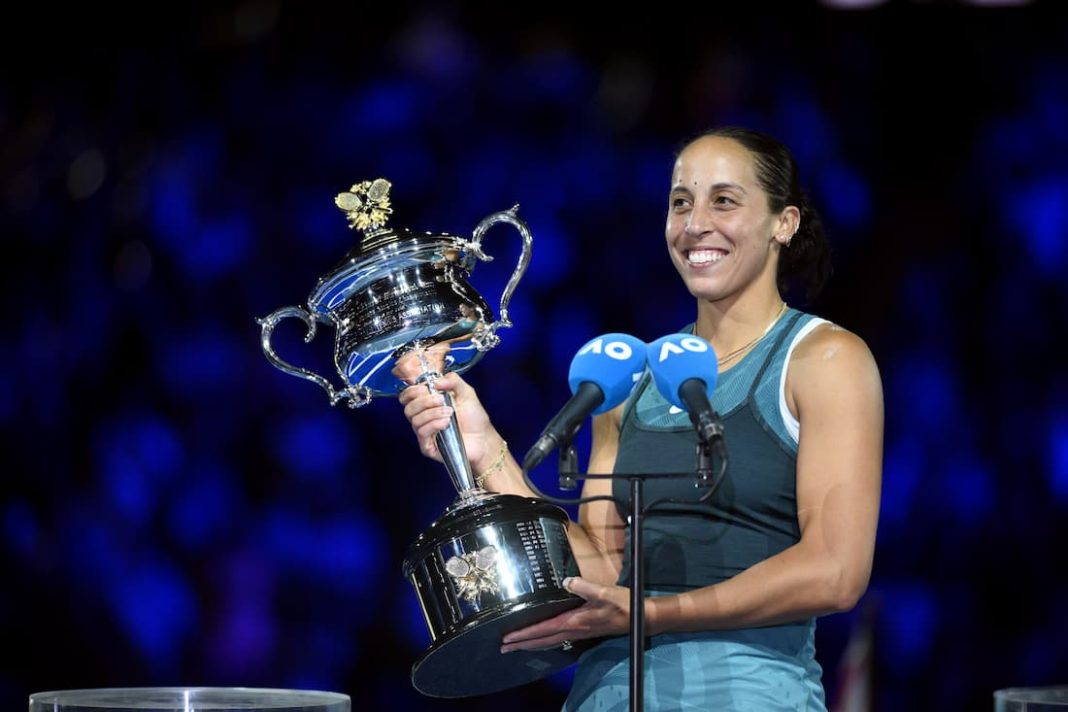 Madison Keys has her hands on the Daphne Akhurst Memorial Cup after winning the Australian Open. (Joel Carrett/AAP PHOTOS)